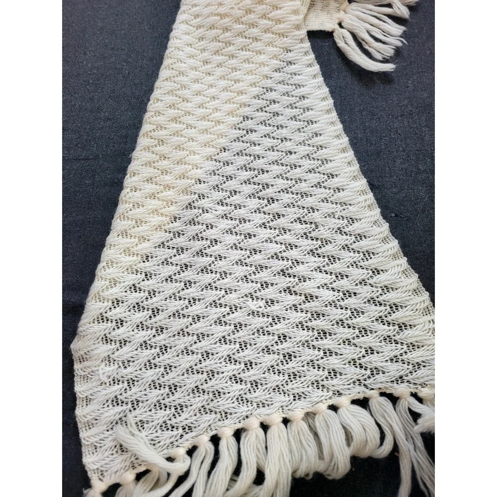 Vintage 60s 70s Glentex Wool Scarf Large Knit Fringe White Ivory Unique Chevron‎